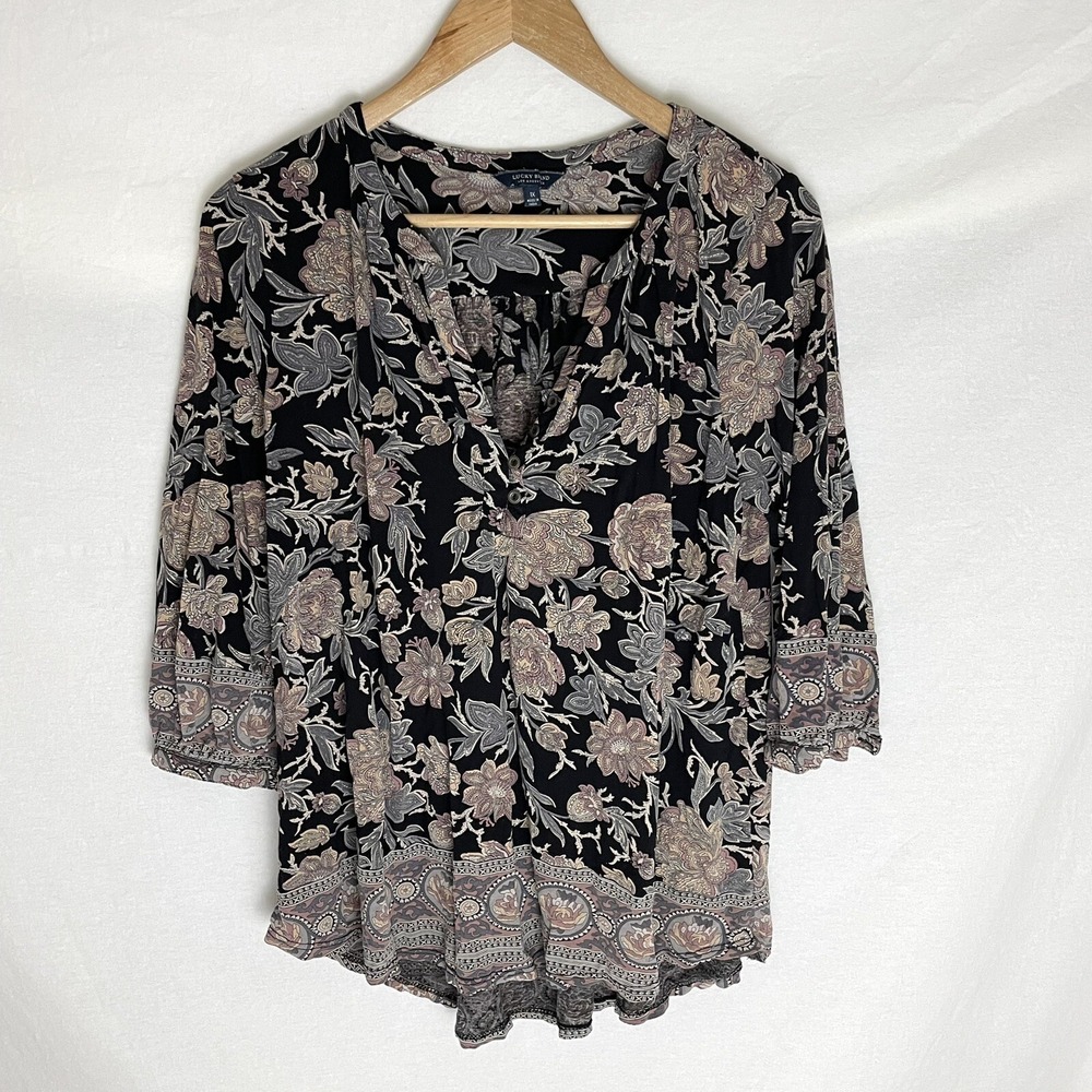 Lucky Brand Top Womens 1X Floral Boho Bohemian Blouse